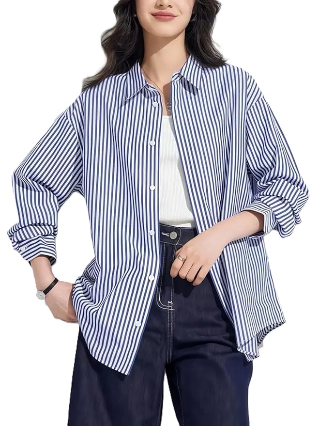 ADBUCKS Women Cotton Oversized Comfort Striped Spread Collar Long Sleeves Shirt