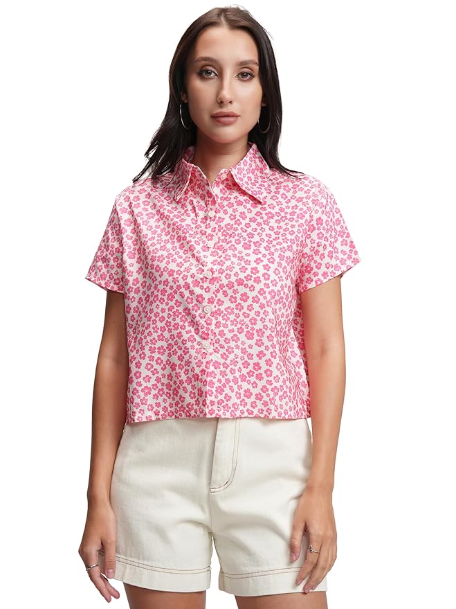 Tokyo Talkies Women Floral Printed Casual Shirt | Short Sleeves | Relaxed Fit Shirts for Woman | Women Shirts | Women Casual Shirt