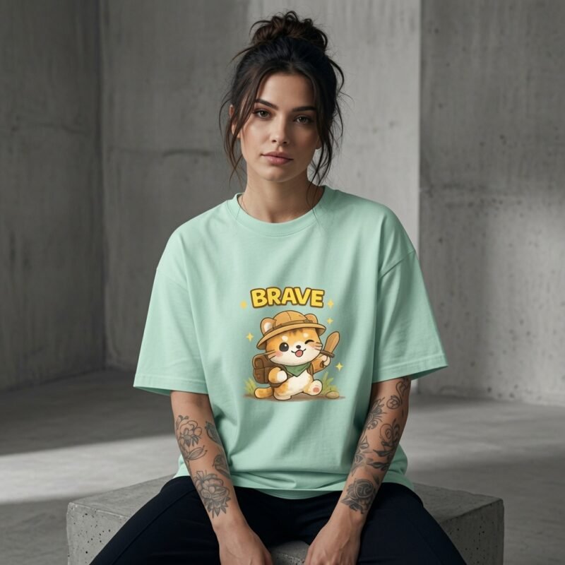 Brave Explorer Cat Oversized Graphic T-Shirt for Women | Cute Kawaii Adventure Tee