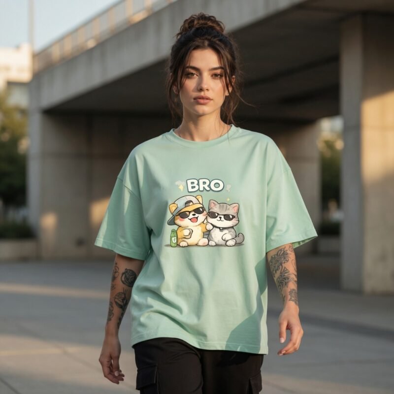 Bro Cats Oversized Graphic T-Shirt for Women | Cute Kawaii Best Friends Cat Tee