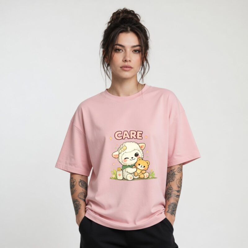 Care Lamb Oversized Graphic T-Shirt for Women | Cute Kawaii Caring Sheep Tee
