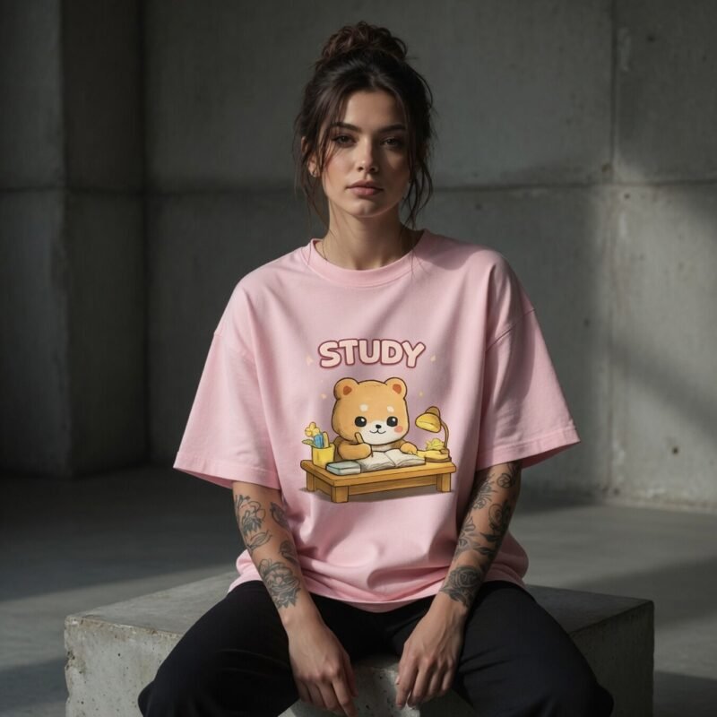 Study Bear Oversized Graphic T-Shirt for Women | Cute Kawaii Student Bear Tee