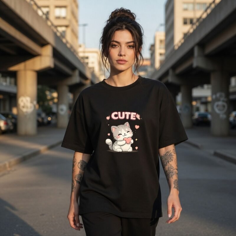 Cute Kitty Love Oversized Graphic T-Shirt for Women | Adorable Kawaii Cat Tee