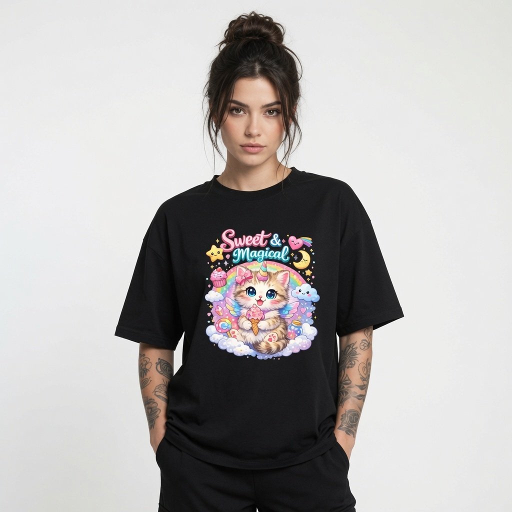 Sweet & Magical Kitten Unicorn Graphic T-Shirt for Girls