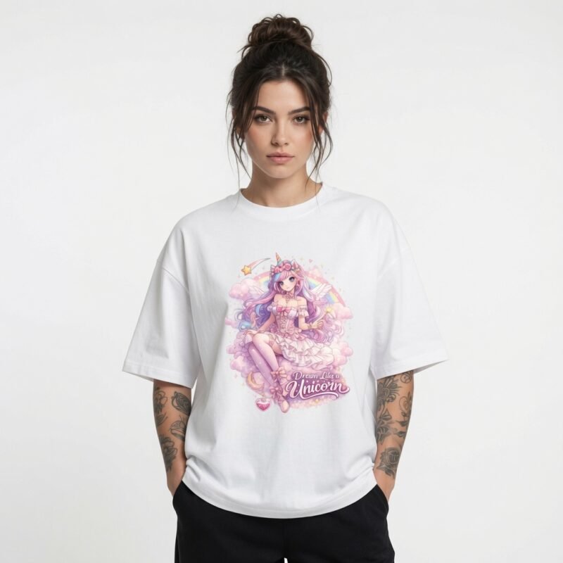 Dream Like a Unicorn Oversized Graphic T-Shirt for Women | Kawaii Fantasy Anime Cotton Tee