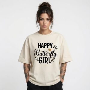 Happy Butterfly Girl Oversized Graphic T-Shirt for Women | Aesthetic Typography Cotton Tee