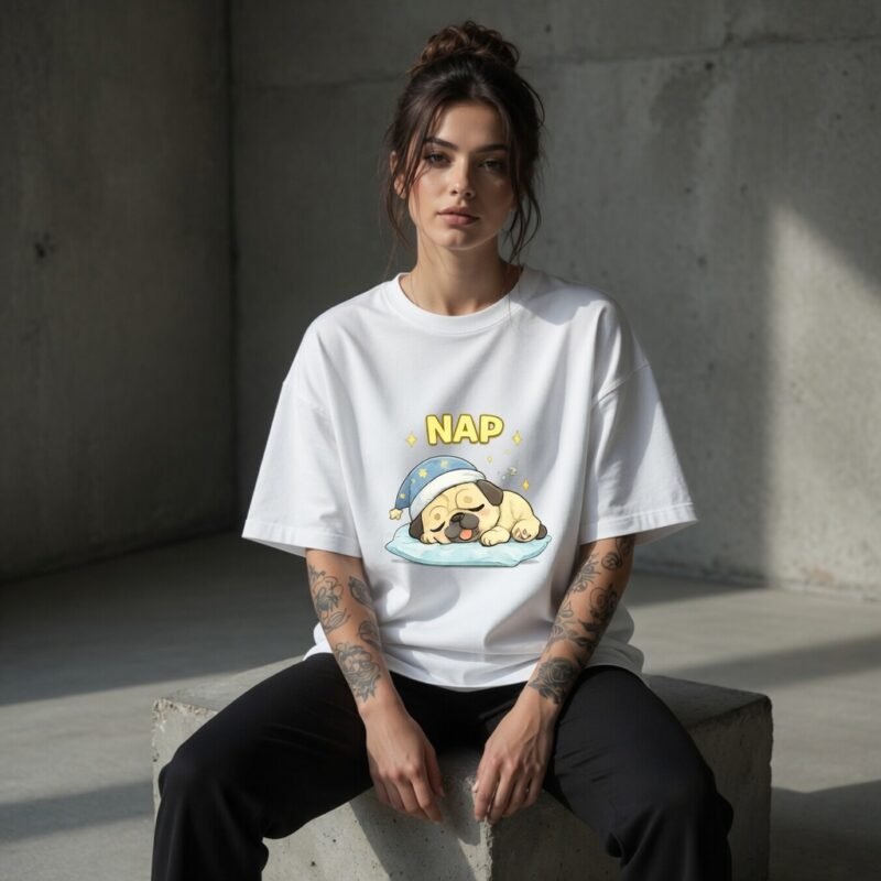Nap Time Puppy Oversized T-Shirt for Women | Cute Sleeping Dog Graphic Casual Tee