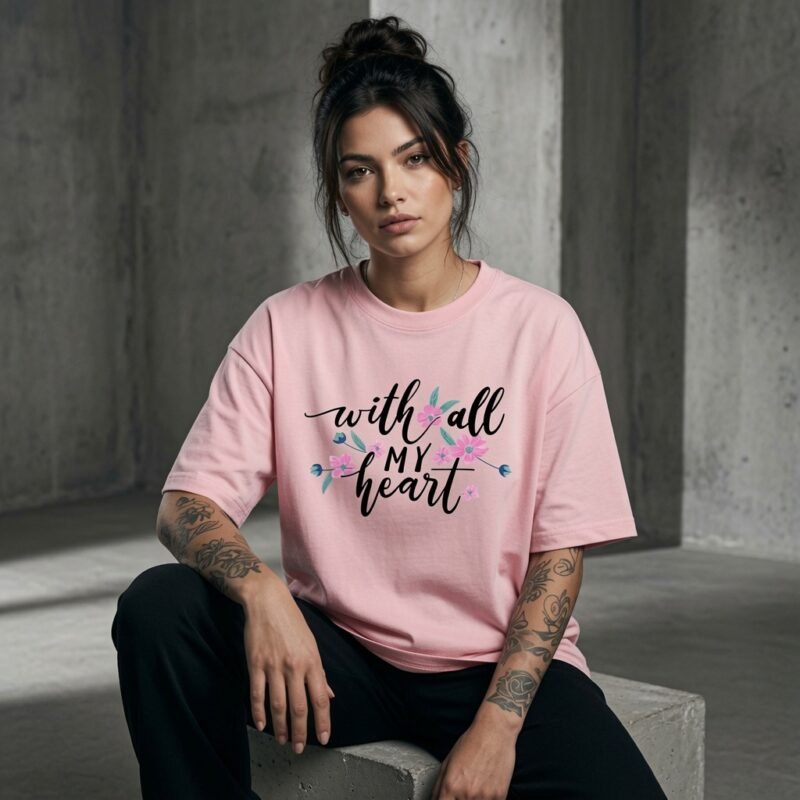 With All My Heart Floral Oversized Graphic T-Shirt for Women | Cute Aesthetic Quote Cotton Tee