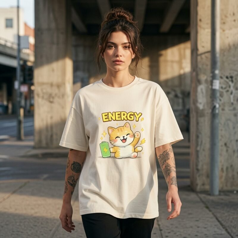 Energy Cat Oversized Graphic T-Shirt for Women | Cute Kawaii Kitty Energy Tee