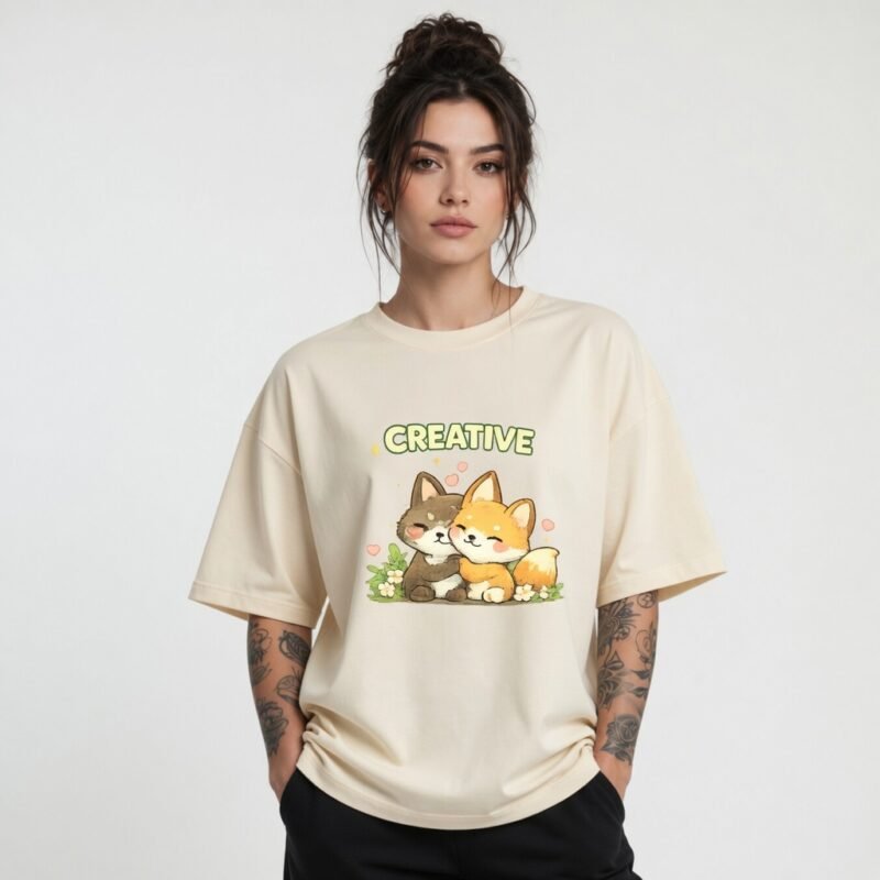 Creative Fox Friends Oversized Graphic T-Shirt for Women | Cute Kawaii Animal Tee